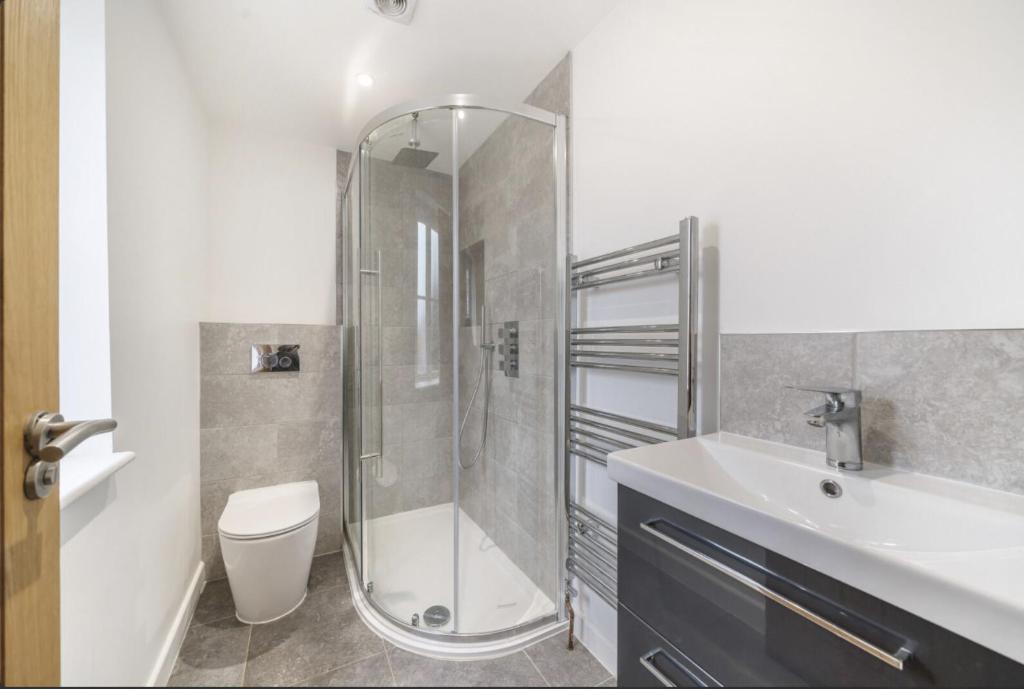a bathroom with a shower and a toilet and a sink at Stunning stylish 3bed house in Reading city centre in Reading