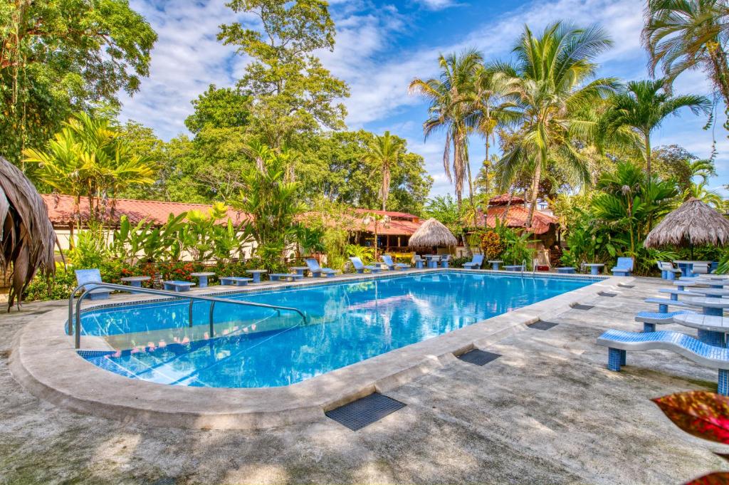 una piscina en un complejo con sillas y palmeras en Atlantida Lodge Cahuita, en Cahuita