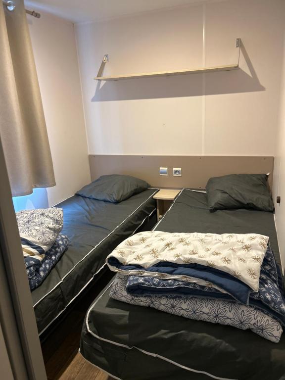 Habitación con 2 camas y estante en Nathalie et Yannick E53 E54 G15 G16 Mobil home climatisé Proche europapark, en Boofzheim