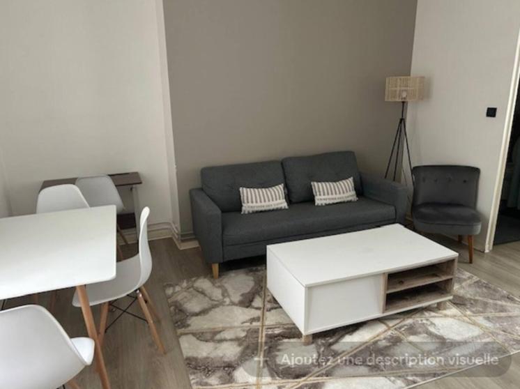 ein Wohnzimmer mit einem Sofa, einem Tisch und Stühlen in der Unterkunft Appartement type F2 in Soissons