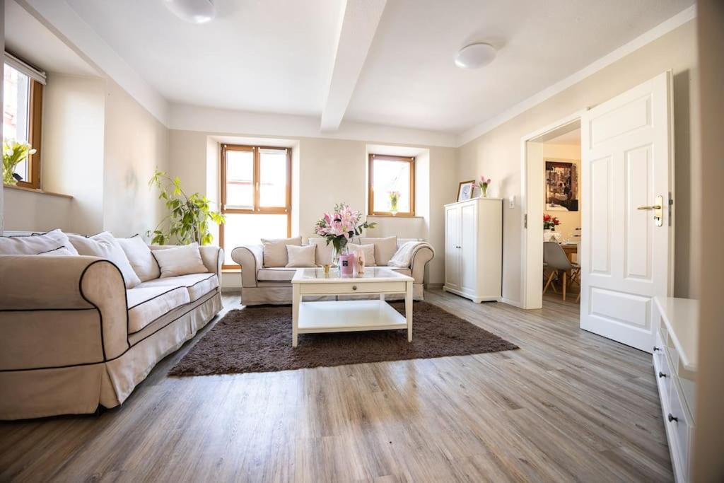 a living room with a couch and a table at Villa Vanilla im Burgdorf 11 P. in Neidenstein