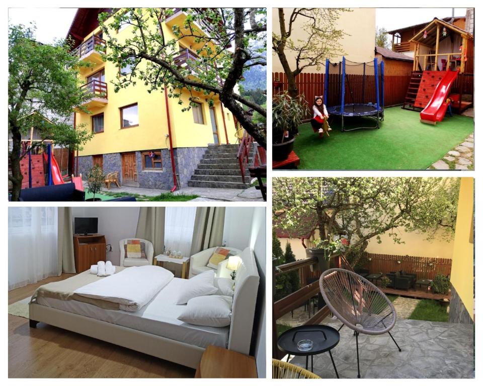 eine Collage mit Bildern eines Schlafzimmers und eines Spielplatzes in der Unterkunft D&D Busteni in Buşteni