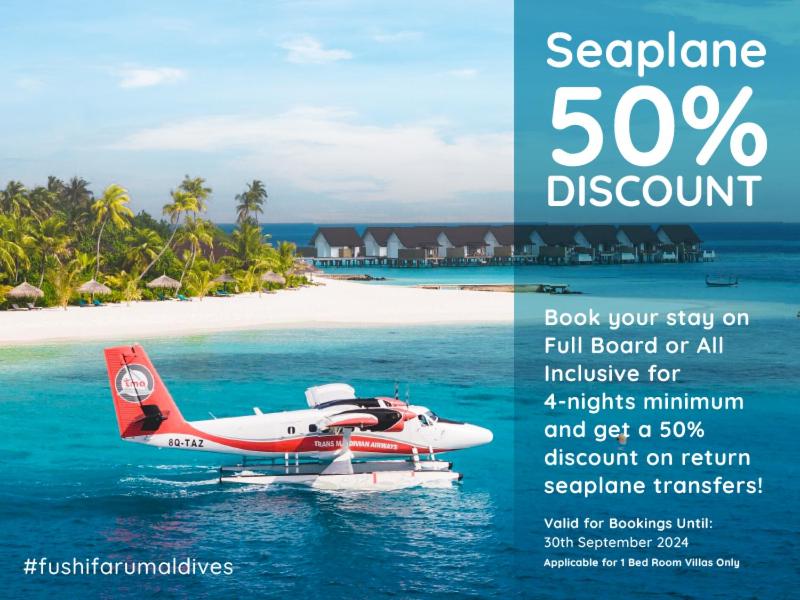 um panfleto com um avião na água ao lado de uma praia em Fushifaru Maldives - 50 percent discount on transfers till 30 Sep 2024 on FB & AI for 04 nights or above em Fushifaru