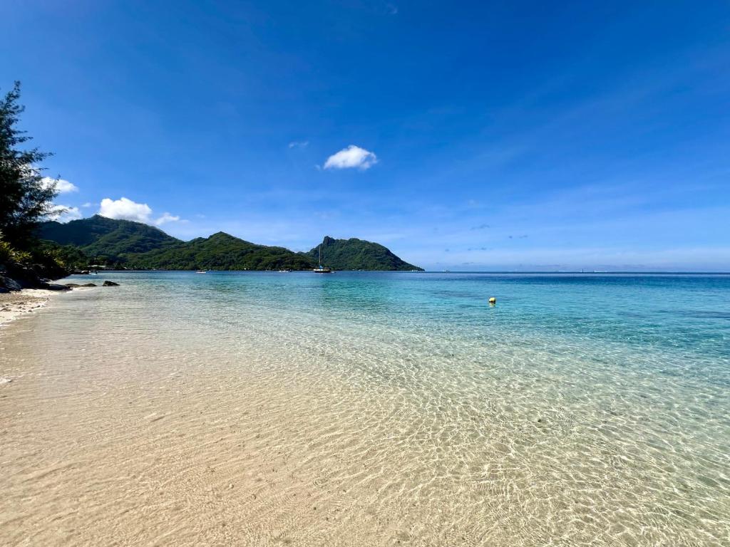 una spiaggia con acqua limpida e montagne sullo sfondo di Meri Lodge Huahine « ROOM OF MARTA » a Fare (Huahine Nui)