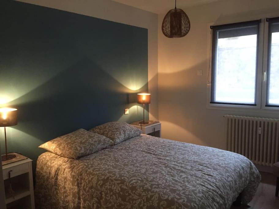 羅德茲的住宿－Appart T4 85m2 spacieux climatisation parking，一间卧室配有一张床、一个窗口和两盏灯。