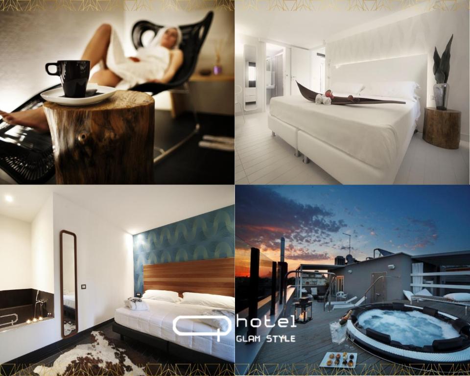 un collage di foto di una camera d'albergo di Q Hotel a Rimini