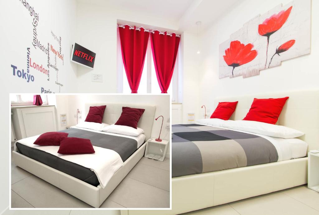 two beds in a room with red curtains at Metro Plaza Apartment -Buenos Aires in Milan