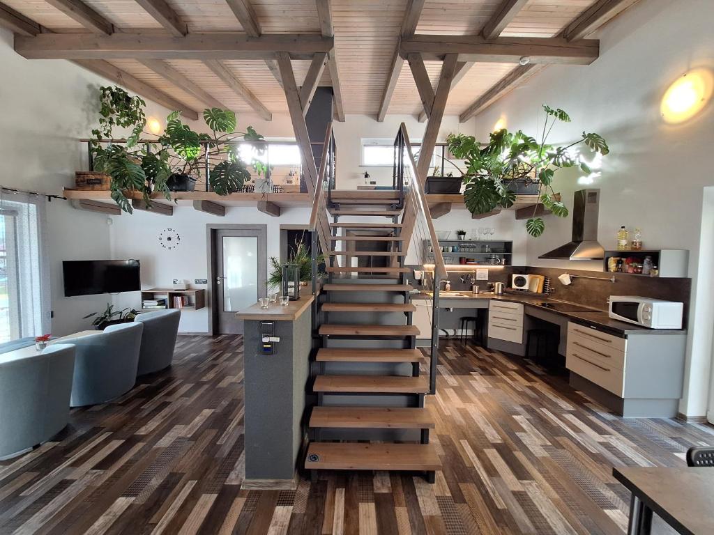 a staircase in a kitchen with plants on the walls at Apartmány Pod Lesem II in Rodvínov