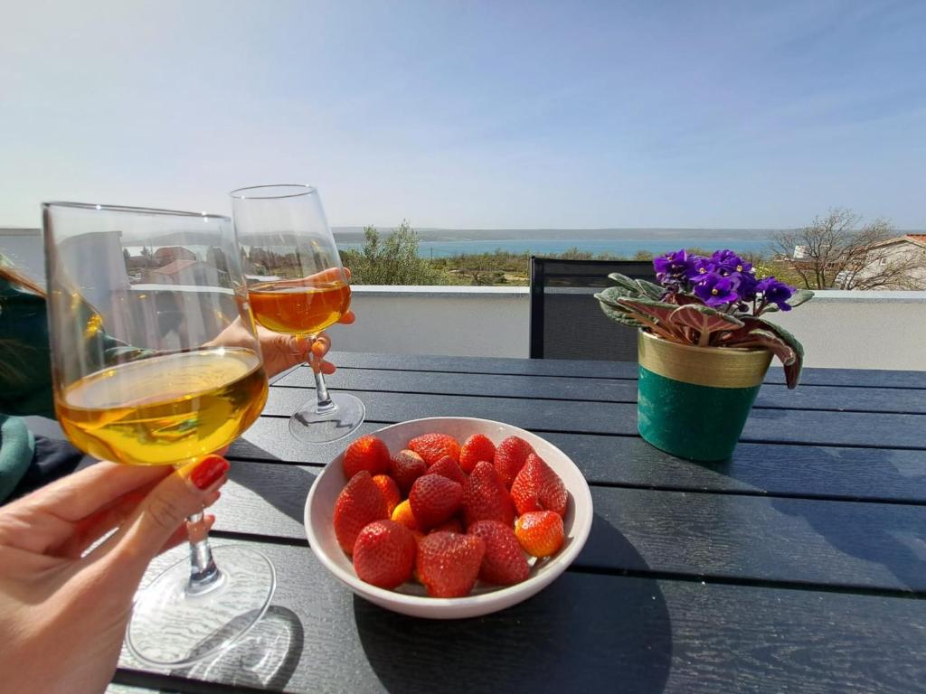a person holding a glass of wine and a bowl of strawberries at Vila Angelina in Maslenica