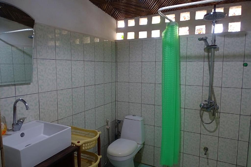 a bathroom with a shower and a toilet and a sink at Villa Madirokely in Nosy Be