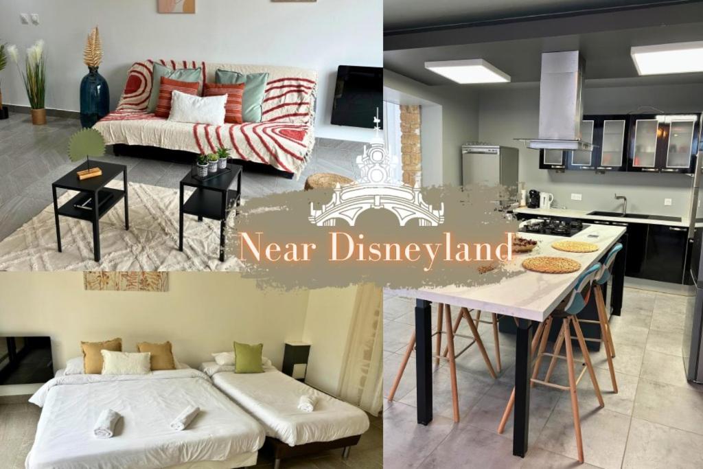 a kitchen and a living room with a table and a couch at Lumineux Appart à Disneyland in Montry