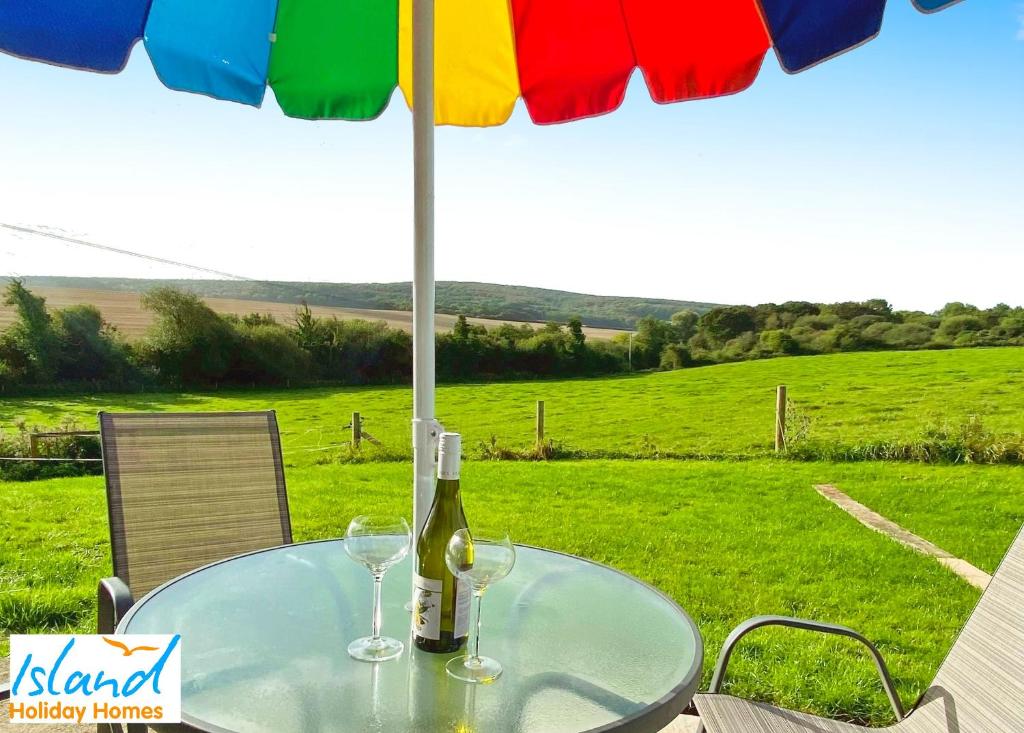 una botella de vino sentada en una mesa bajo una sombrilla en Fields View en Newbridge