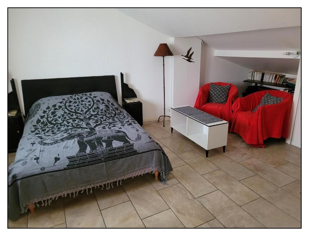 um quarto com uma cama e uma cadeira vermelha em Beziers Studio Terrasse em Béziers