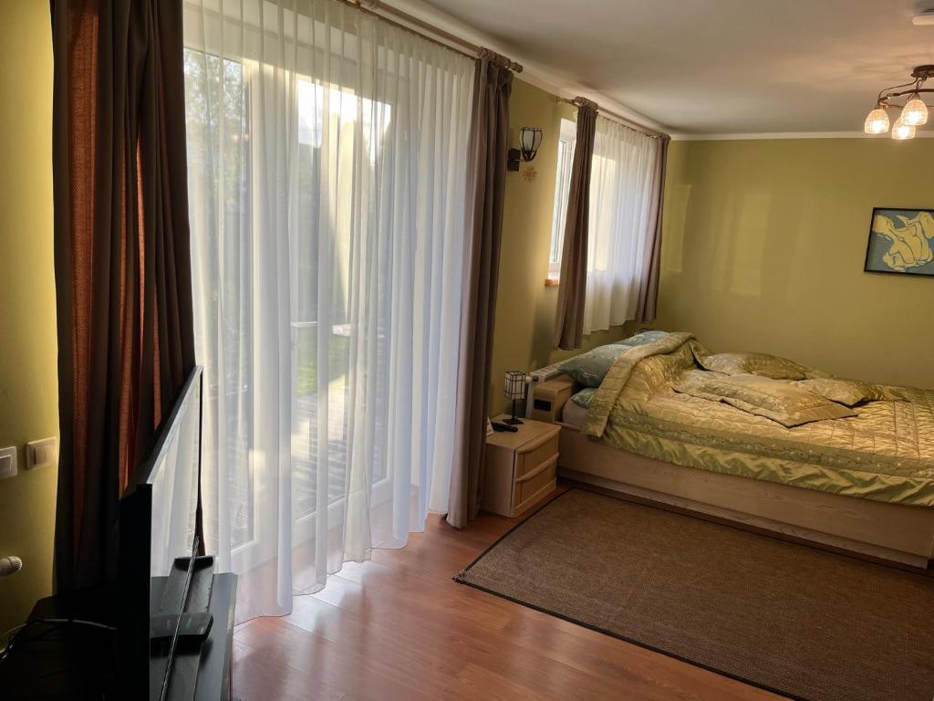 um quarto com uma cama e uma grande janela em Family House Apartments em Salacgrīva