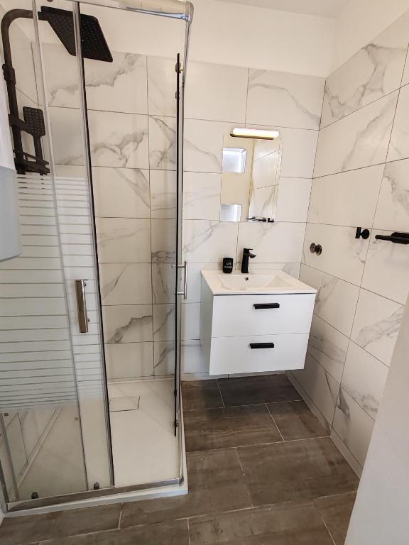 a bathroom with a shower and a sink at Apartman Březinova in Brno