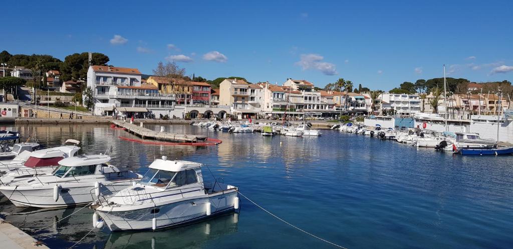 un groupe de bateaux est amarré dans un port de plaisance dans l'établissement Duplex climatisé à 50 mètres de la plage des Lecques, à Saint-Cyr-sur-Mer