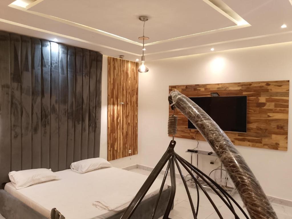 una camera con letto, TV e treppiede di Bénin Booking Buddy a Cotonou