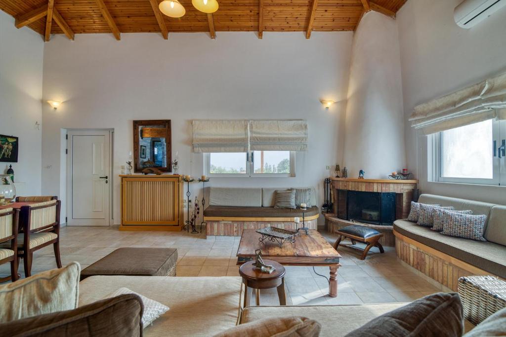 salon z kanapą i kominkiem w obiekcie Villa John Dimeon Kato Achaia With Pool - Happy Rentals w mieście Patras