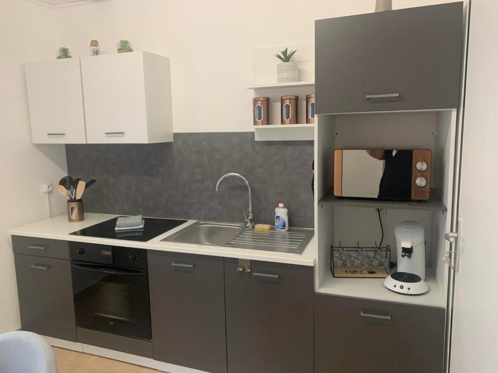 eine kleine Küche mit Spüle und Kühlschrank in der Unterkunft Broc in Broc