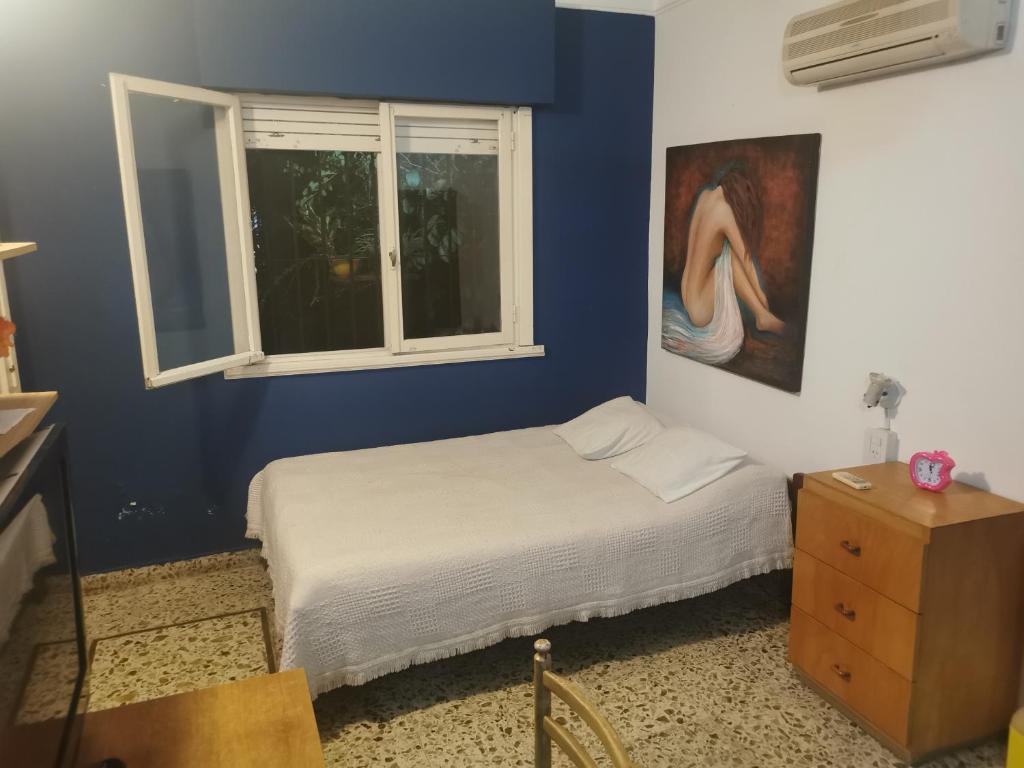 um quarto azul com uma cama e uma janela em Cuarto privado separado de la casa principal y con entrada independiente em Corrientes