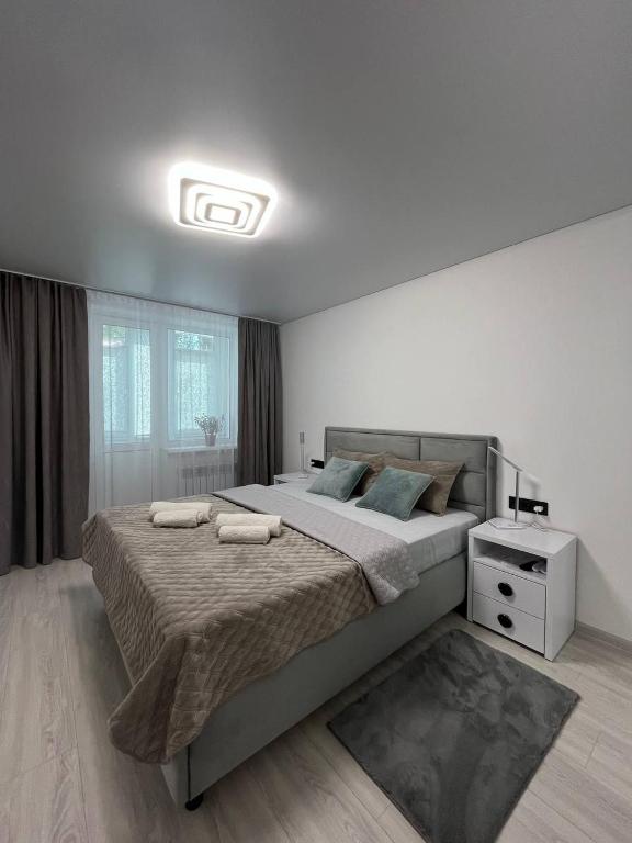 um quarto com uma cama grande com duas almofadas em Tatiana apartment em Chisinau
