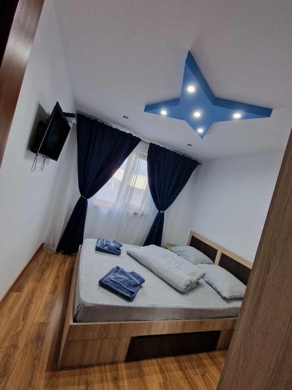 a bedroom with a bed with a blue star on the ceiling at Apartamentul lui Vlad in Jurilovca