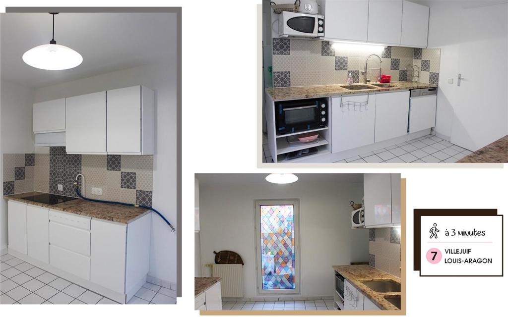 3 verschiedene Aussichten auf eine Küche mit weißen Schränken in der Unterkunft Beautiful and Cosy Room in Villejuif