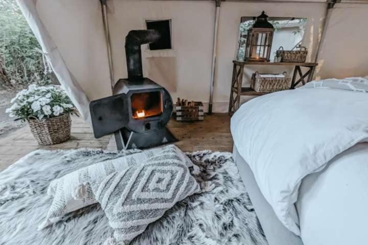 a bedroom with a wood stove in a room at The Eagle's Nest in Delta