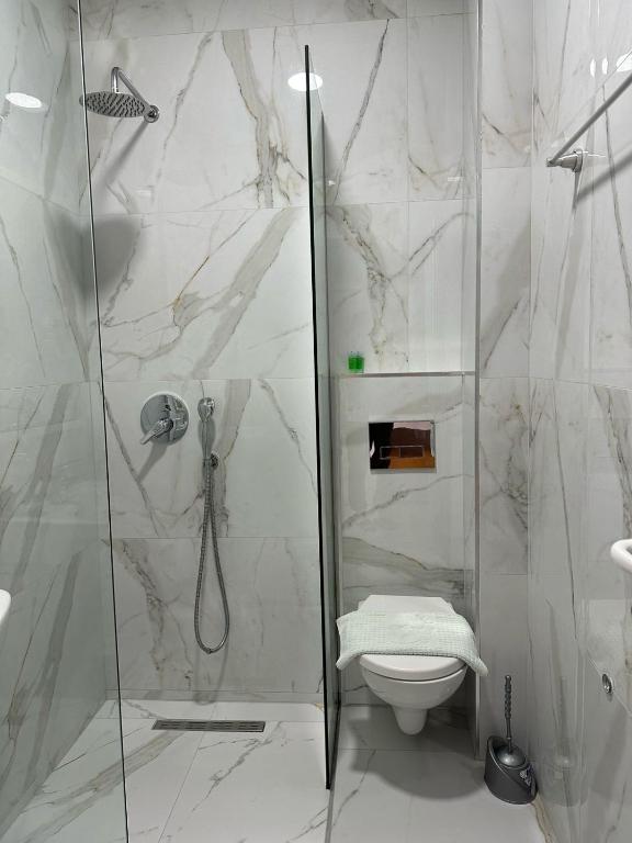 a bathroom with a shower and a toilet at Summer Gate Hotel in Ksamil