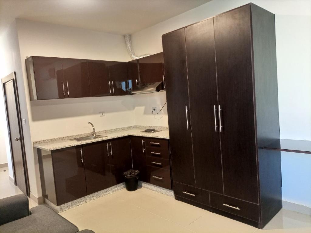 uma cozinha com armários castanhos e um lavatório em Monument Suites em Amã