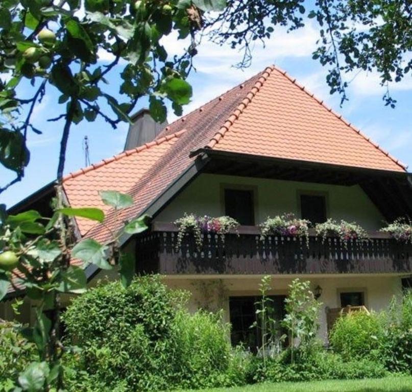 a house with a balcony with flowers on it at Ferienwohnung in Horben mit Großem Garten in Horben