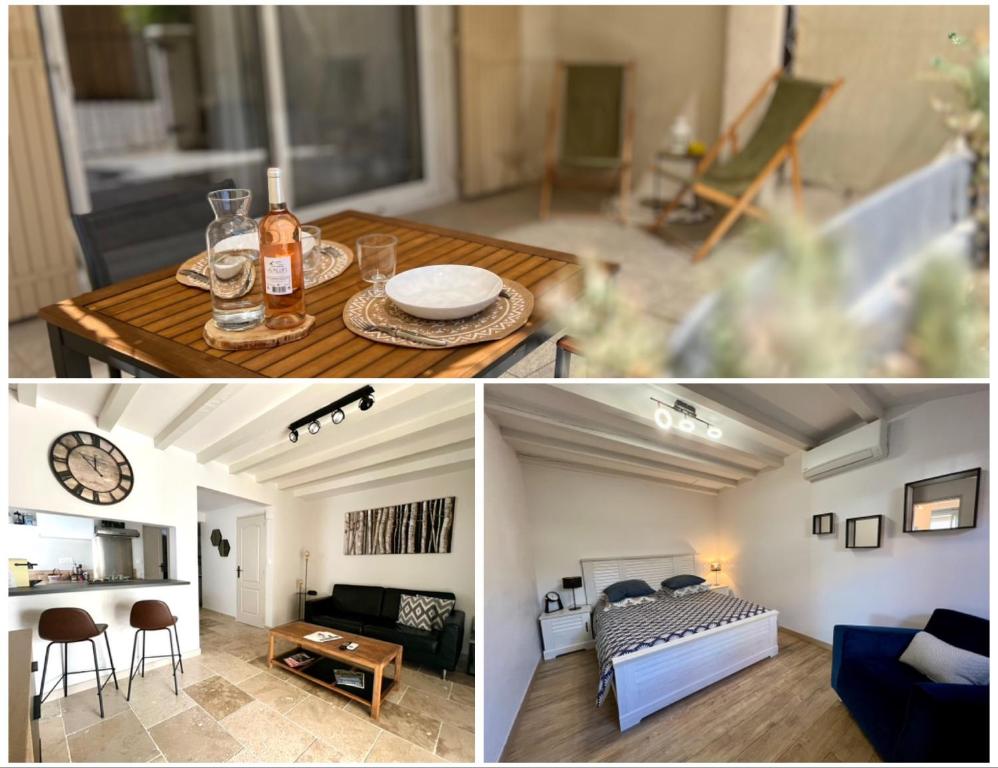 a living room and a living room with a table at L'ALPILLE - Maison de vacances située à 10 mn à pied du centre ville de St Rémy avec place de parking privative in Saint-Rémy-de-Provence