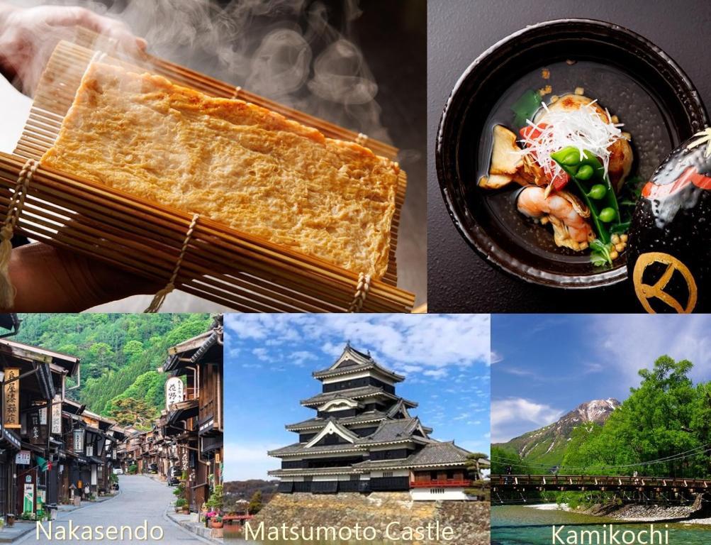 a collage of pictures of different buildings and food at Fukashiso in Matsumoto