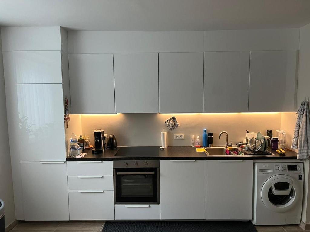 布魯塞爾的住宿－Stay in maison de metre in Etterbeek，厨房配有白色橱柜、水槽和洗碗机。