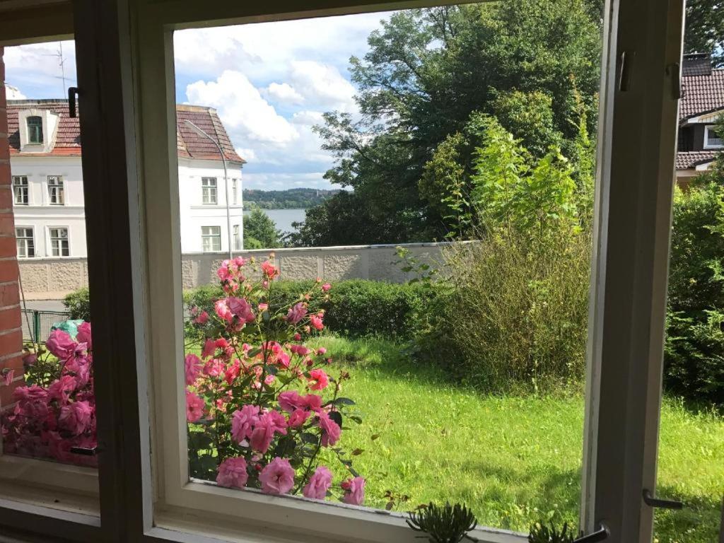een raam met uitzicht op een tuin met roze bloemen bij Ferienhaus Frau Möller in Ratzeburg