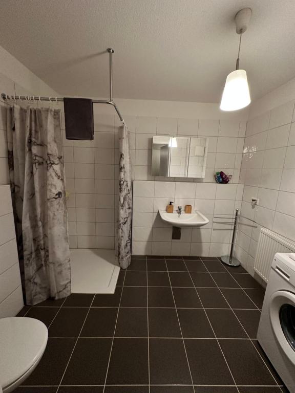 een badkamer met een douche, een wastafel en een toilet bij Westfalenpark Apartment with terrace and free parking in Dortmund