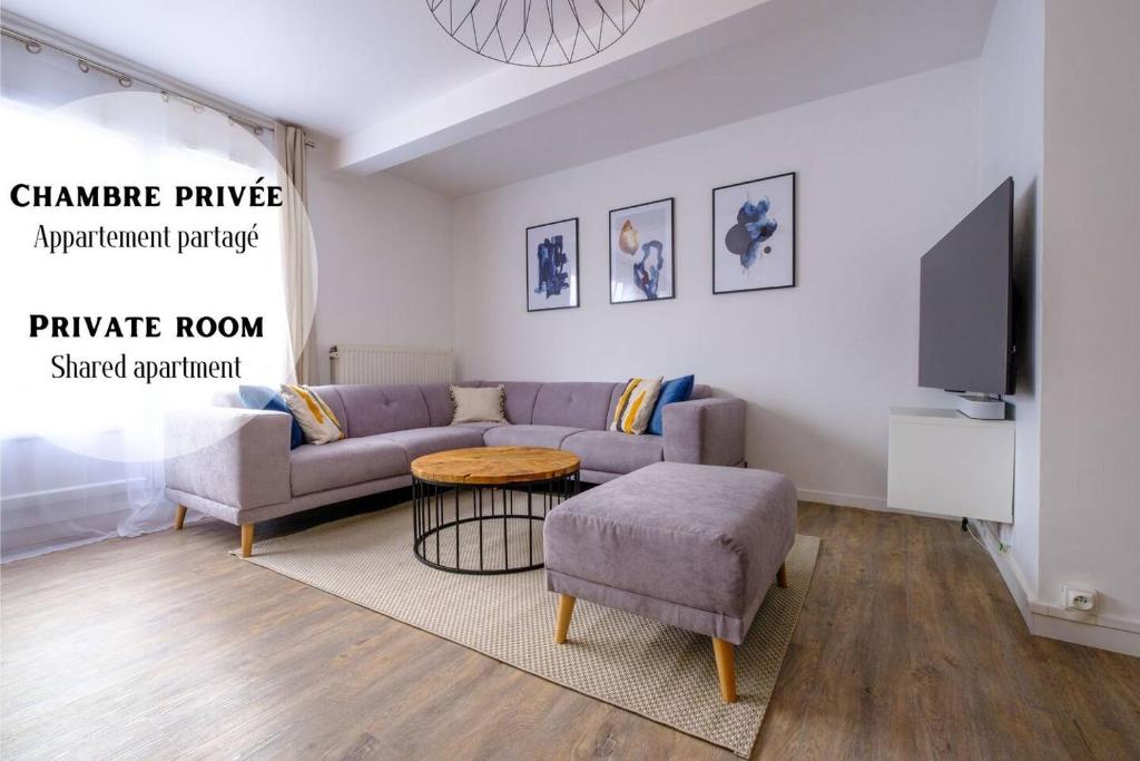 ein Wohnzimmer mit einem Sofa und einem TV in der Unterkunft La Rouette - Chambres privées in Reims