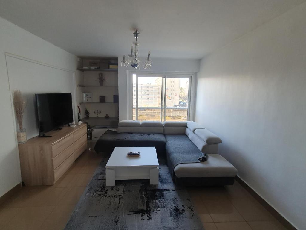 een woonkamer met een bank en een tv bij A 30km de Paris, un bel appartement spacieux et convivial in Boussy-Saint-Antoine