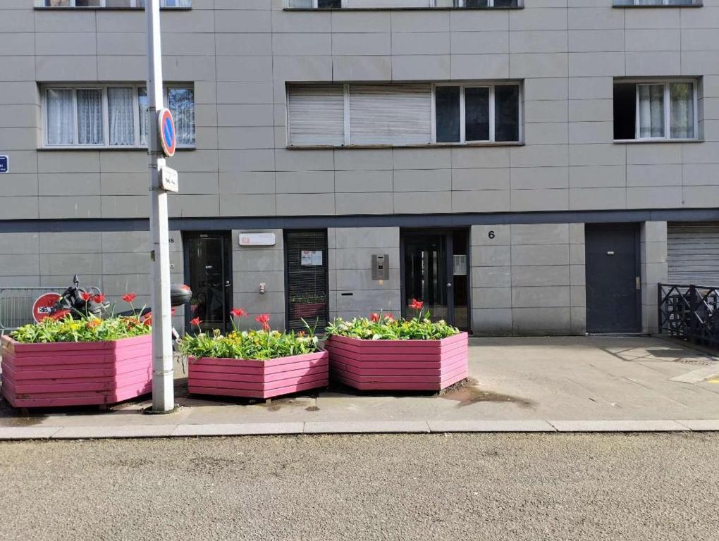 drie bloempotten voor een gebouw bij Cozy chambre en Clichy, tout près de Paris in Clichy