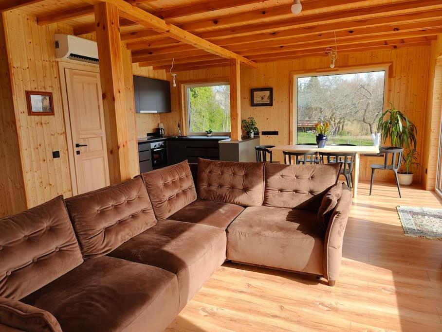 a brown couch in a living room with a kitchen at Modern family house by the lake in Zarasai in Štadviliai