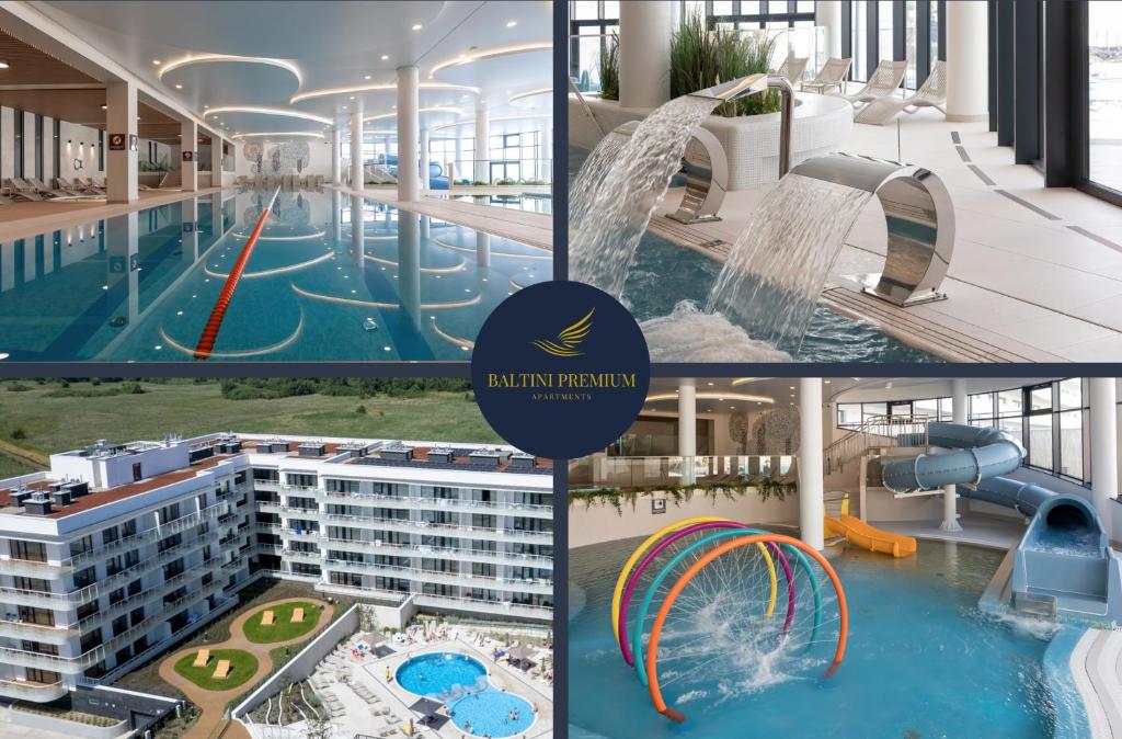 eine Collage mit Fotos eines Hotelpools und eines Wasserparks in der Unterkunft Baltini Premium Apartament Polanki Aqua in Kołobrzeg