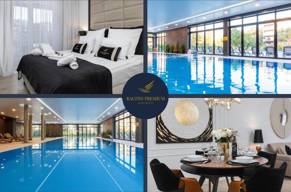 a collage of pictures of a hotel with a swimming pool at Apartament Baltini Premium Polanki Park in Kołobrzeg