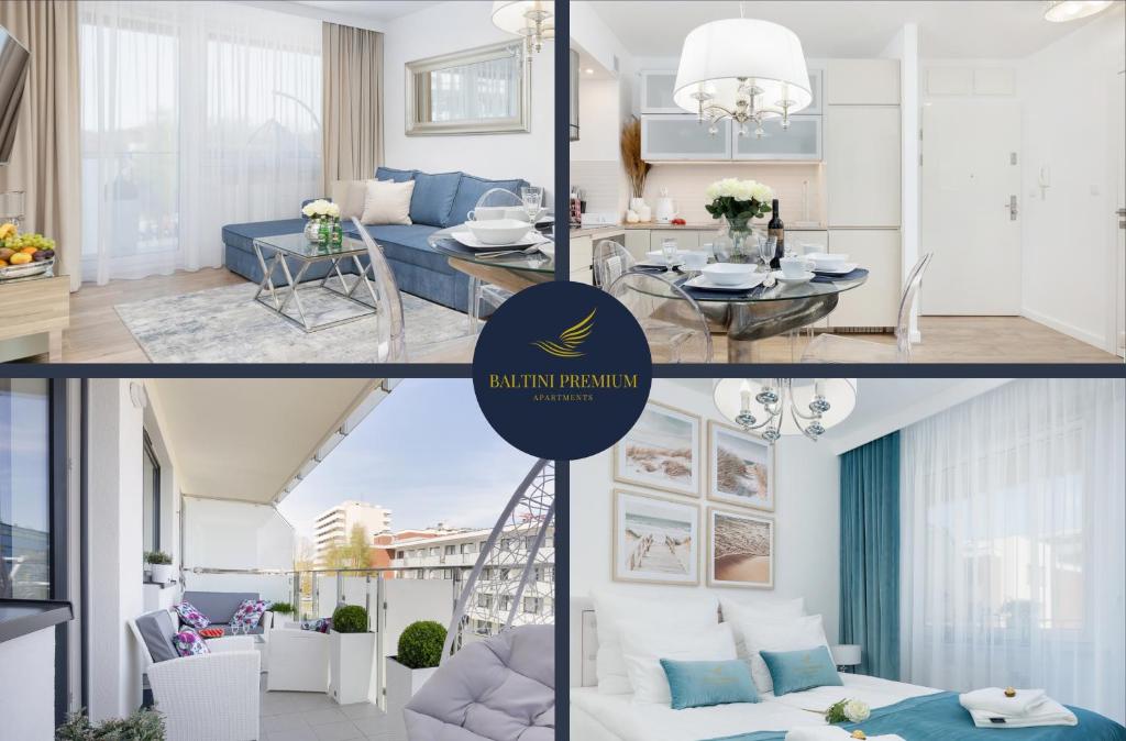 a collage of photos of a living room and a kitchen at Baltini Premium Apartament Bliżej Morza in Kołobrzeg