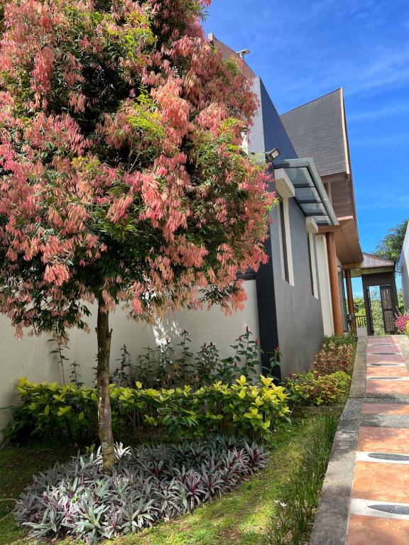 a tree with pink flowers next to a house at Villa Ophelia at Vimala Hills in Bogor