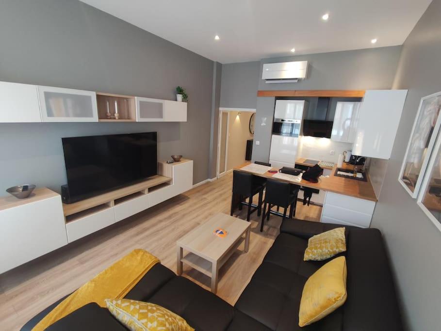 トゥールーズにあるAppartement Centre Carmesのソファのあるリビングルームとダイニングルーム