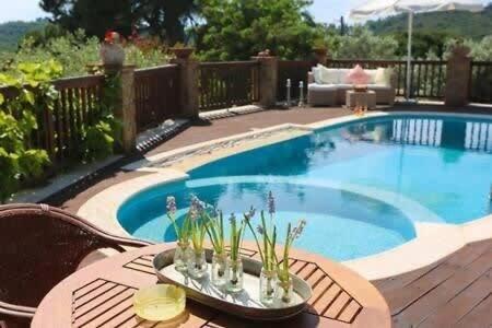 a swimming pool with a table and chairs next to it at Dreamy Villa Jasmine with Private Pool In Skiathos in Troulos