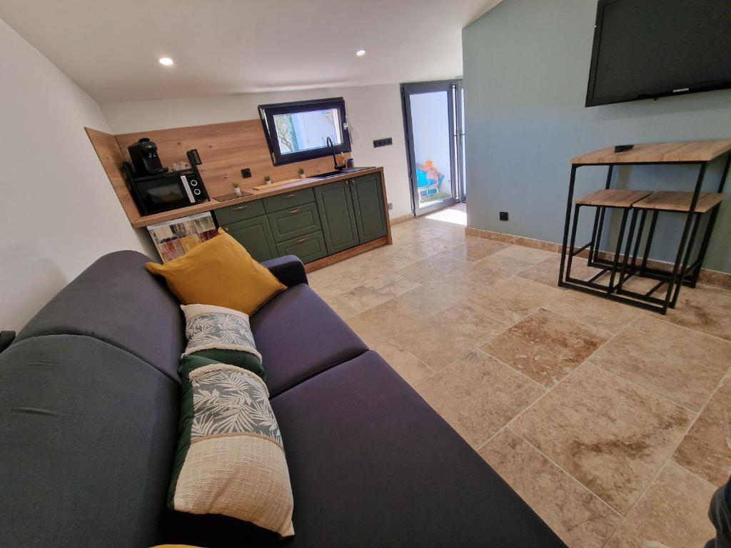 ein Wohnzimmer mit einem Sofa und einem Flachbild-TV in der Unterkunft au petit îlet in Fos-sur-Mer