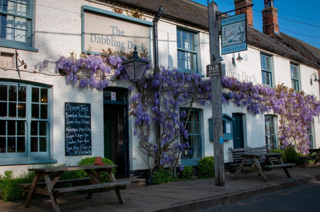 a building with purple wreaths on the facade at The Dabbling Duck in Great Massingham