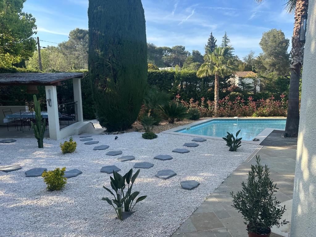 a backyard with a swimming pool and a resort at Central Valbonne Villa in Valbonne