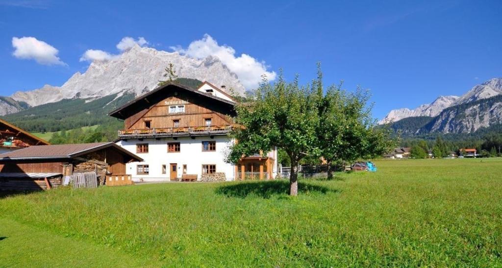 une maison dans un champ avec une montagne en arrière-plan dans l'établissement Ferienwohnung für 4 Personen ca 45 qm in Ehrwald, Tirol Gaistal, à Ehrwald